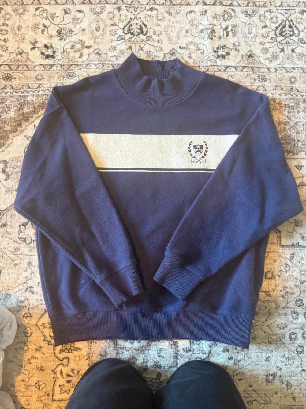 URBAN BDG navy blue and white mock neck with logo in size S